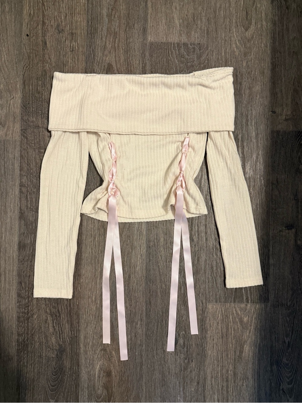 Coquette Off-Shoulder Cream Ribbed Top with Pink Ribbon Details